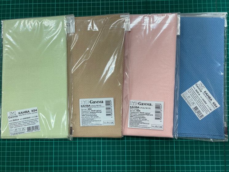 КК04-6 Комплект канвы Аида №14 Gamma, 50х50см * 5шт, цвет ассорти (белый, бежевый, голубой, св-розовый, салатовый)