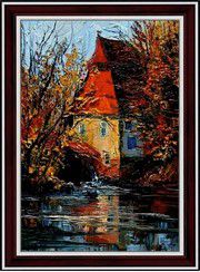 Алмазная мозаика с рамкой PSP "Домик у пруда" С-0056